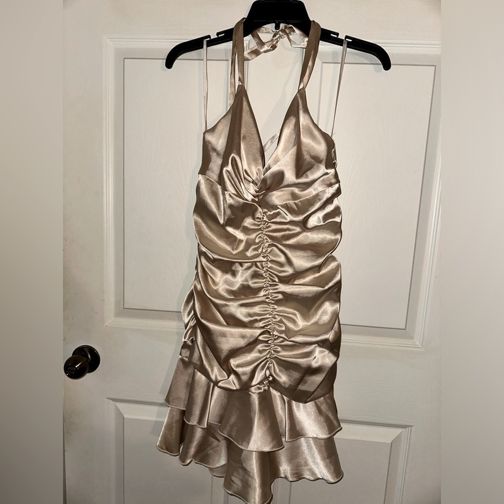 Jessica McClintock women’s champagne halter ruched cocktail party mini dress 10